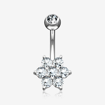 14 Karat White Gold Spring Flower Sparkle Prong Set Belly Button Ring-Clear Gem